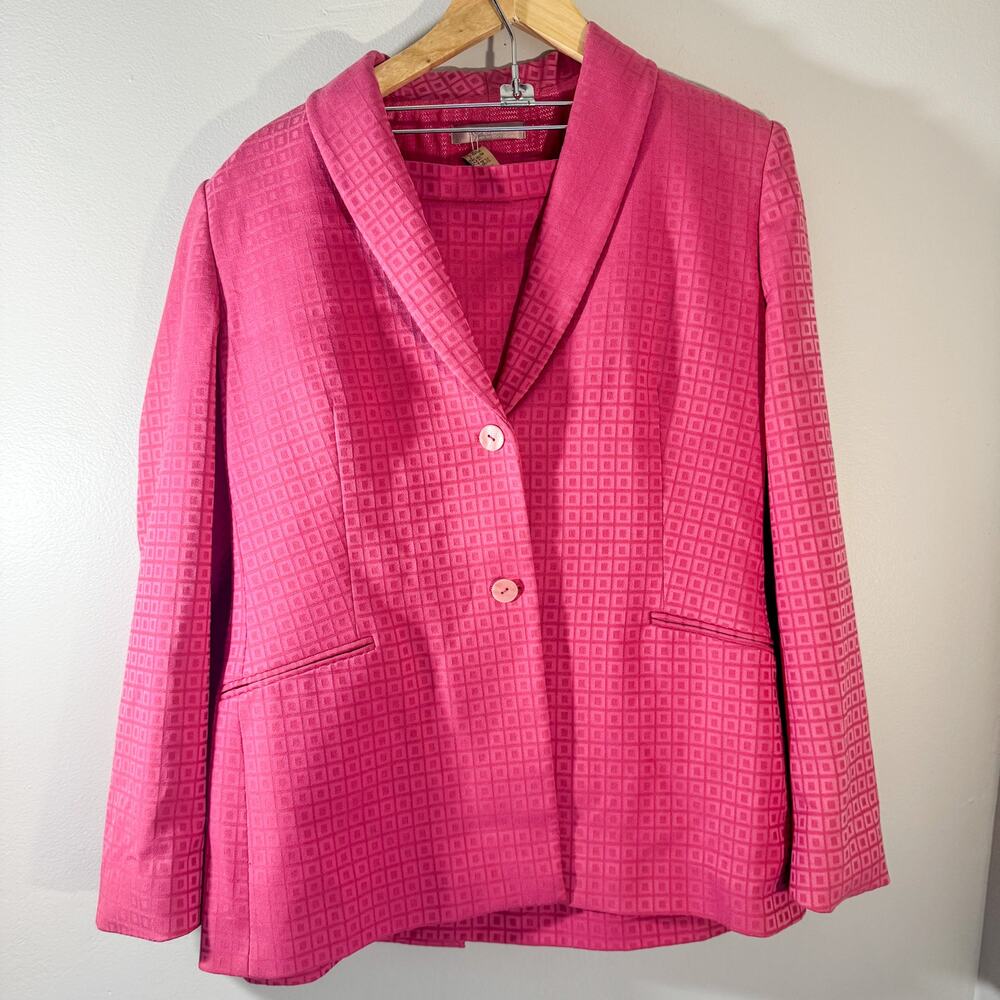 Italian Hot Pink Jacquard Skirt Suit Power Blazer & Pencil Skirt Barbiecore